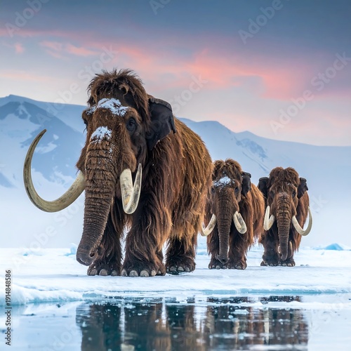 Woolly mammoths trudge across a snowy, icy plain. Mountains in background under colorful sky.