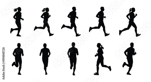 A collection of running figures in various poses depicted as black silhouettes on transparent background high quality professional detailed modern elegant