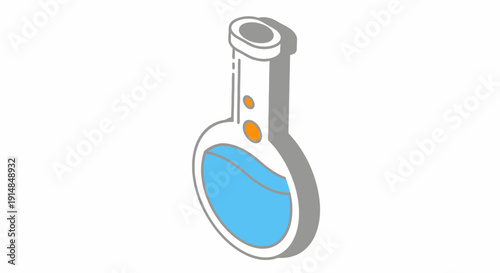 Isometric beaker illustration with blue liquid, a modern, minimalist scientific graphic