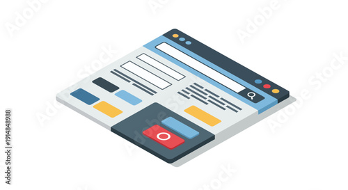 Isometric illustration of a digital interface showing a web browser window