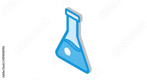 Isometric illustration of a laboratory flask filled with blue liquid for scientific concepts