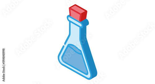 Isometric illustration of a laboratory flask with a stopper, containing blue liquid
