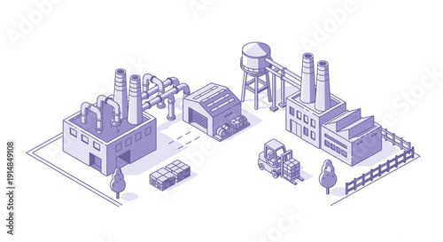 Isometric illustration of an industrial complex featuring factories, warehouse and delivery