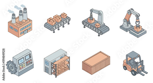 Isometric illustration of factory components including automation, logistics, and warehousing.