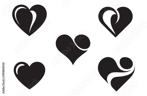Collection of stylized heart shapes, love symbol, romance, passion, affection, organic curves, abstract heart design, emotional expression, cardiovascular health
