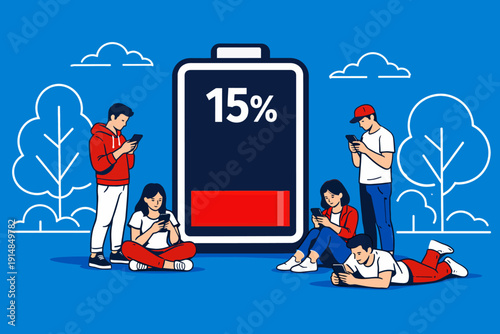 Low Battery Anxiety (Nomophobia): Group of Young People Focused on Smartphones Next to a 15% Battery Indicator. Digital Dependence and Mobile Technology Crisis.