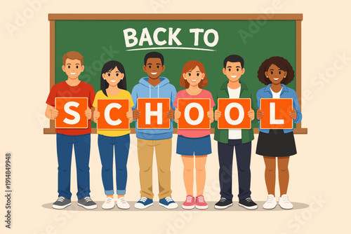 Diverse Students Holding "School" Signs in Front of a Chalkboard with "Back To School" Text. Vector Illustration for Education and Youth.