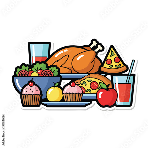 Delicious meal with roasted chicken, pizza, fruits, and desserts on a festive table setting for a special occasion