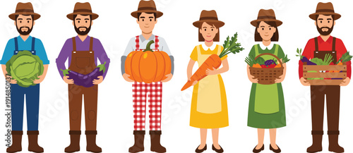 Cartoon farmers holding vegetables, cabbage pumpkin carrot eggplant, harvest produce illustration, agricultural workers, healthy food farming vector artwork, flavector