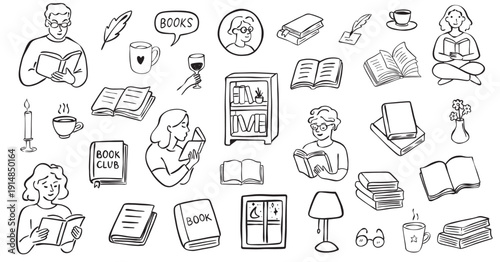 Book Lover Doodle Set – Reading Line Art Icons Collection, Book Club and Cozy Library Illustrations