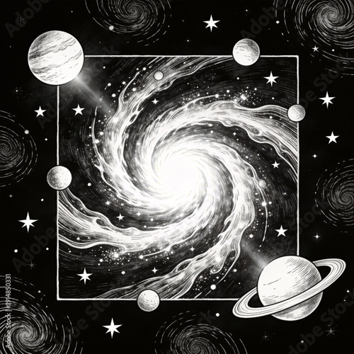 Celestial Symphony: An artistic depiction of the universe unveils a stunning spiral galaxy and planets, evoking a sense of cosmic wonder and endless exploration.