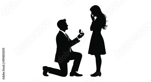 A romantic proposal scene featuring a kneeling man and a surprised woman depicted in black silhouette on transparent background high quality