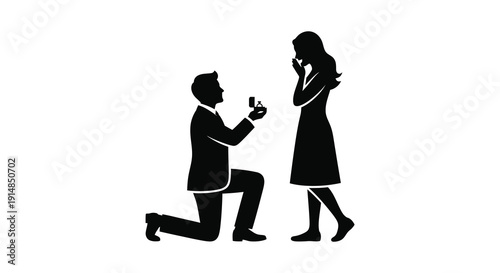 A romantic scene depicts a man proposing to a woman captured in a striking black silhouette on transparent background high quality