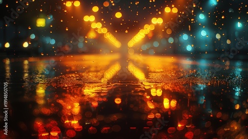 Rain-slicked city street at night, vibrant orange and blue bokeh lights reflect