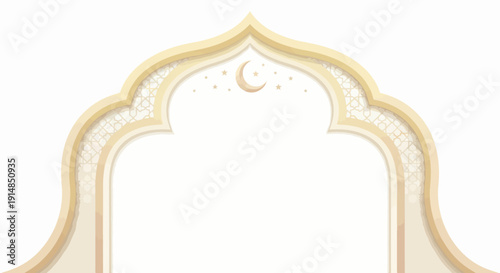 Islamic Archway with Crescent Moon and Stars Ornate Design.