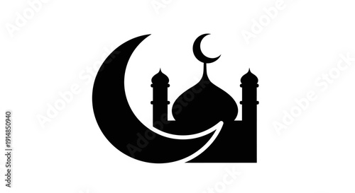 Islamic mosque silhouette with crescent moon symbol.