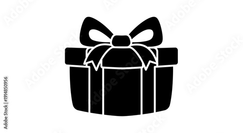 Black gift box with ribbon icon on white background.