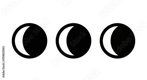 Three phases of the moon in a row, lunar cycle illustration.