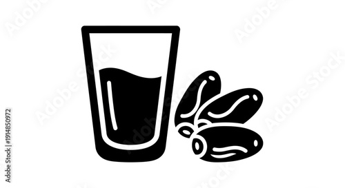 Simple black and white illustration of a glass with liquid and olives.
