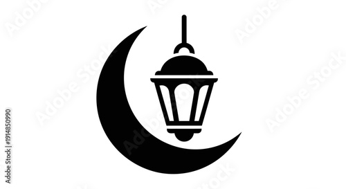 Black crescent moon with lantern silhouette.