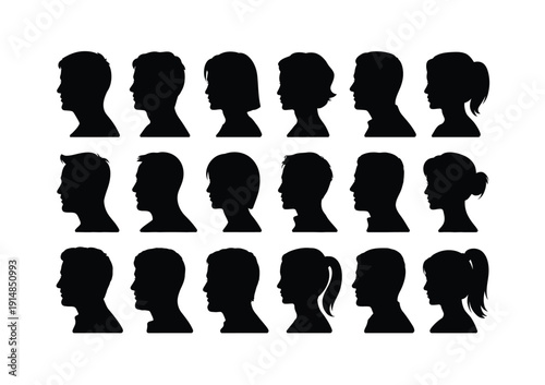 Set of vector silhouettes showing various face profiles of men and women.