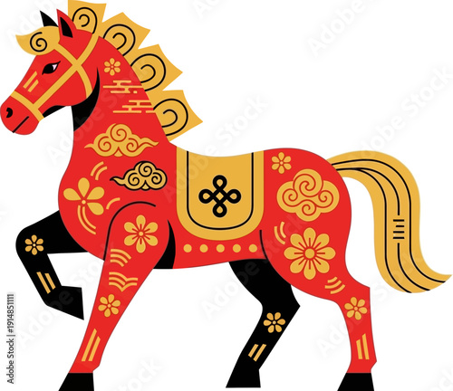Stylized red horse illustration featuring intricate golden Asian patterns and auspicious Chinese decorative elements, embodying cultural tradition and festive spirit
