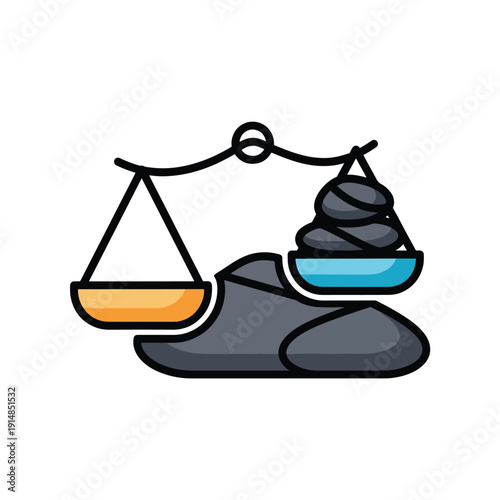 A balanced scale illustration on rocks, showcasing justice and harmony in a serene environment from a straightforward viewpoint