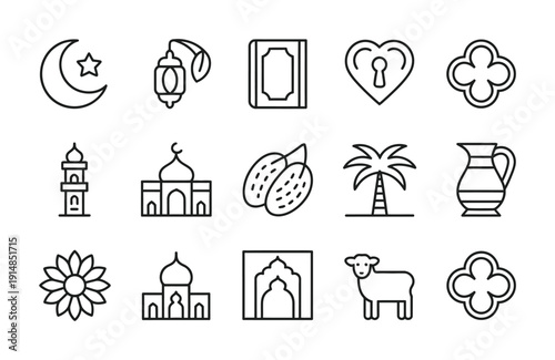 Set of vector icons representing islamic symbols and cultural elements