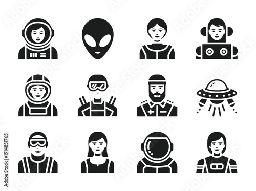 Vector icons of astronauts, aliens, and space exploration in a science fiction context