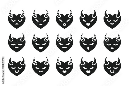 Vector of heart-shaped devil faces in various expressions