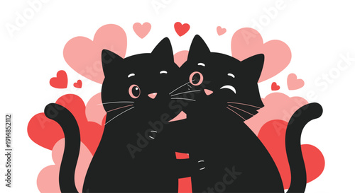 Two Black Cats Hugging Amid Hearts