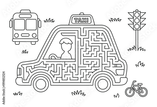 Vector of a taxi with a maze design and surrounding transportation elements
