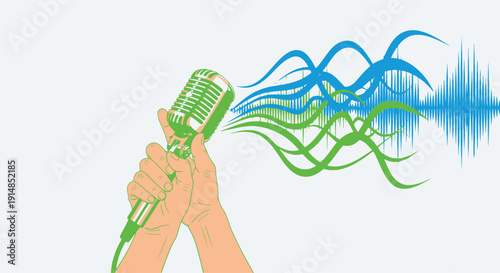 Hands Holding Microphone with Acoustic Waves