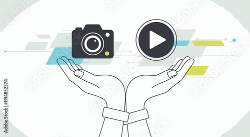 Hands Holding Camera and Play Button Symbol for Media Creation