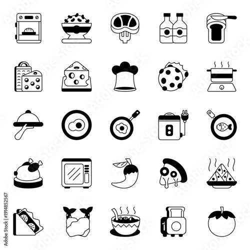 Cooking icon collection Isolated on white. Containing Baking, Beans, Beef, Chef. Glyph icon style.