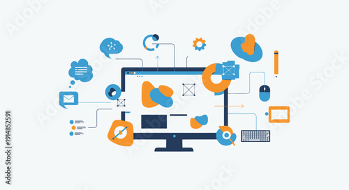 Desktop monitor with interconnected tech icons and workflow symbols
