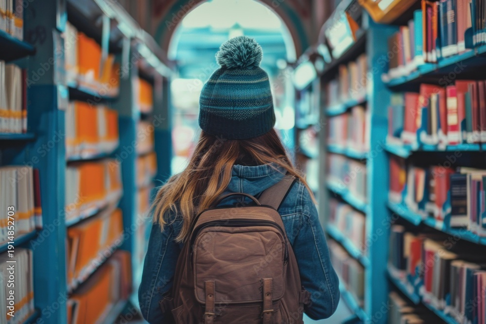 Obraz premium Young student wearing backpack and wool hat walking between bookshelves in library corridor searching for books