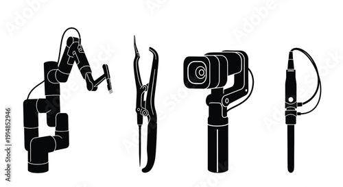 Four silhouetted robotic surgical tools shown side by side.