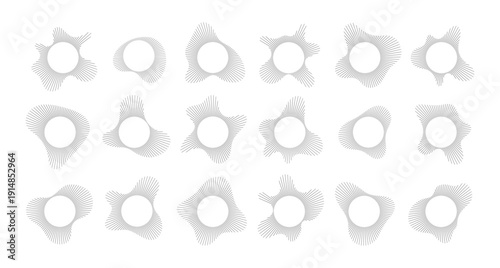 Circular sound visualization with radial wave line pattern vector set. Abstract audio spectrum ring geometric burst shape. Graphic of music equalizers concentric line element for contemporary design