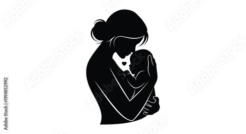 A tender moment captured in black showcasing a mother holding her baby presented as a silhouette on transparent background high quality