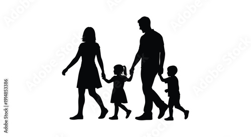 A family of four holding hands depicted in black against a white space on transparent background silhouette high quality professional detailed