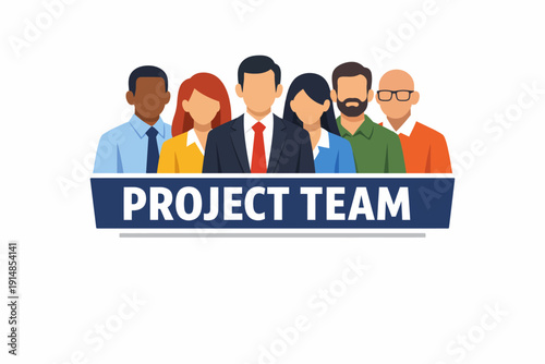 Project Team Banner Icon. Diverse Group of Business Professionals, Staff, or Employees Working Together. Flat Vector Illustration.