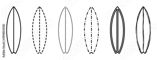 Set of six black surfboard outlines in various minimalist styles including solid, dashed, dotted, and hand-drawn lines, representing different graphic design elements for summer sports