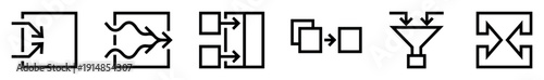 Six black minimalist process flow icons representing concepts of workflow, data filtering, merging paths, sequencing, consolidation, and interaction in a clean geometric style