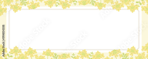 春の黄色い菜の花が咲く花畑のナチュラルなおしゃれフレーム背景、入学卒業シーズンに使える花のコピースペース_白背景