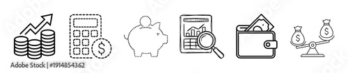 Six black and white financial icons showing investment growth, savings, budget calculation, analysis, wealth, and balance in various doodle and line art styles