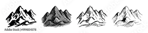 Set of four hand-drawn mountain illustrations in various sketch styles including ink wash, crosshatching, and line art for adventure and nature concepts