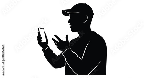 A black silhouette of a man using a smartphone gesturing while looking at the screen on transparent background high quality professional