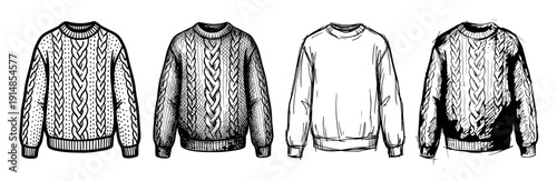 Set of four hand-drawn sweaters with various cable knit patterns, illustrated in a black and white ink sketch style for cozy winter and autumn fashion concepts