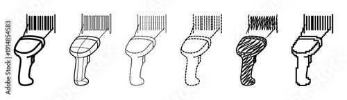 Set of six barcode scanner icons in various artistic styles including line art, pixelated, dotted, and hand-drawn scribble for retail and logistics concepts